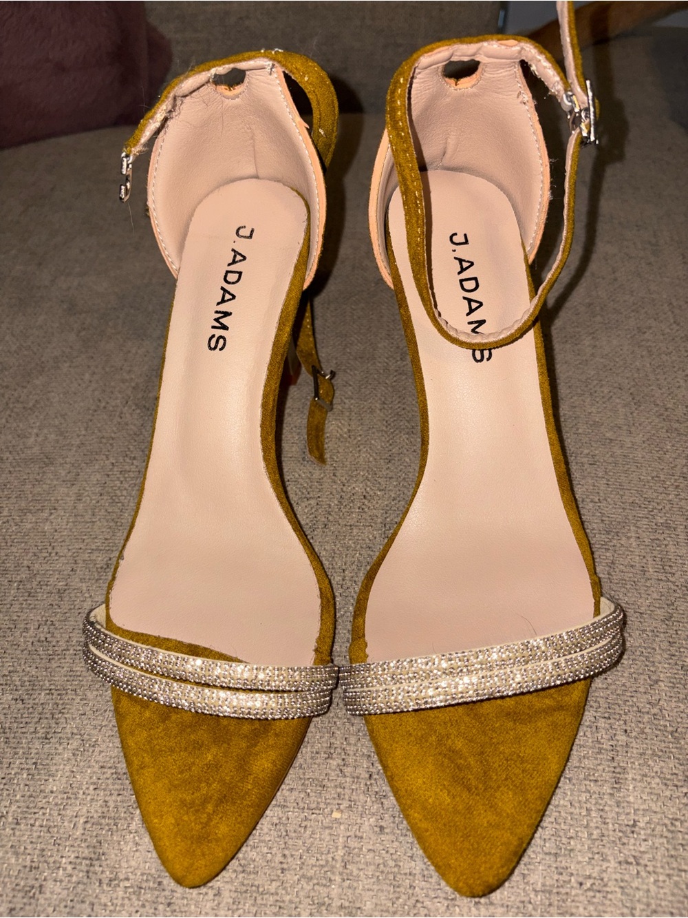 J. Adams Mustard Rhinestone Ankle Strap Heels Size 6